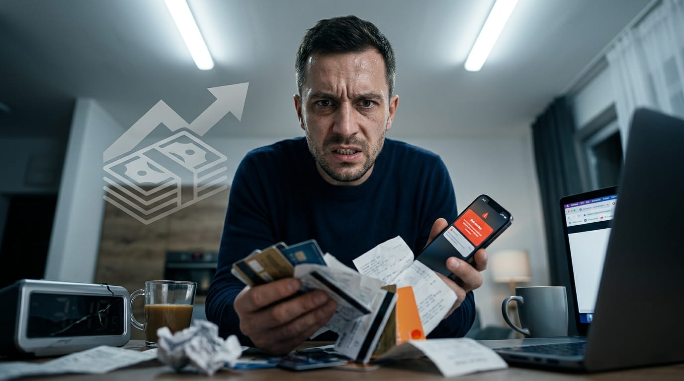 Мужчина 30-35 лет в современной квартире держит в руках стопку кредитных карт и смятые квитанции, выражение лица — разочарование и усталость. 